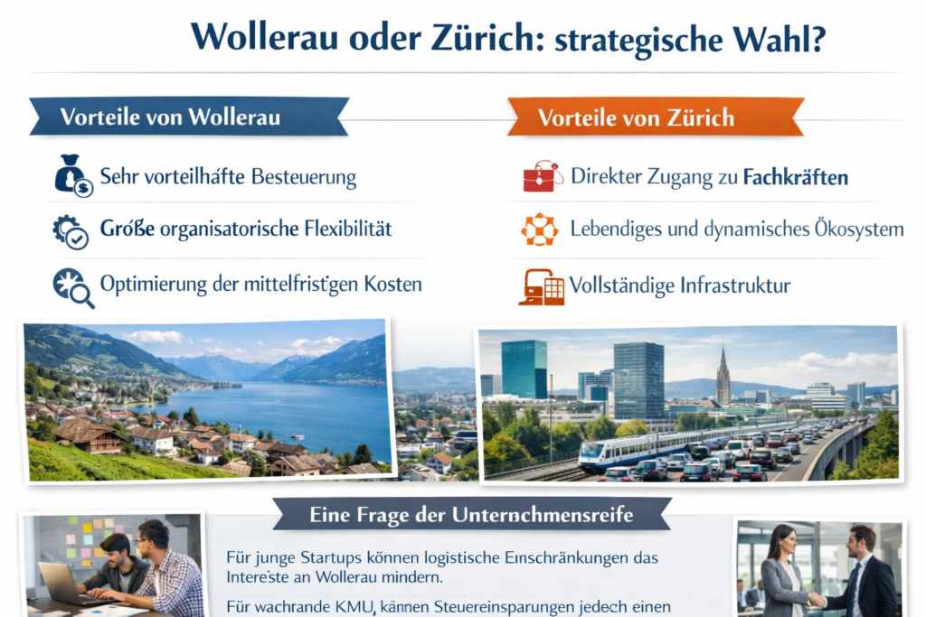 Vergleich der Wettbewerbsvorteile zwischen Wollerau (Steuern und Kosten) und Zürich (Talente und Ökosystem) je nach Unternehmensreife | eBoons
